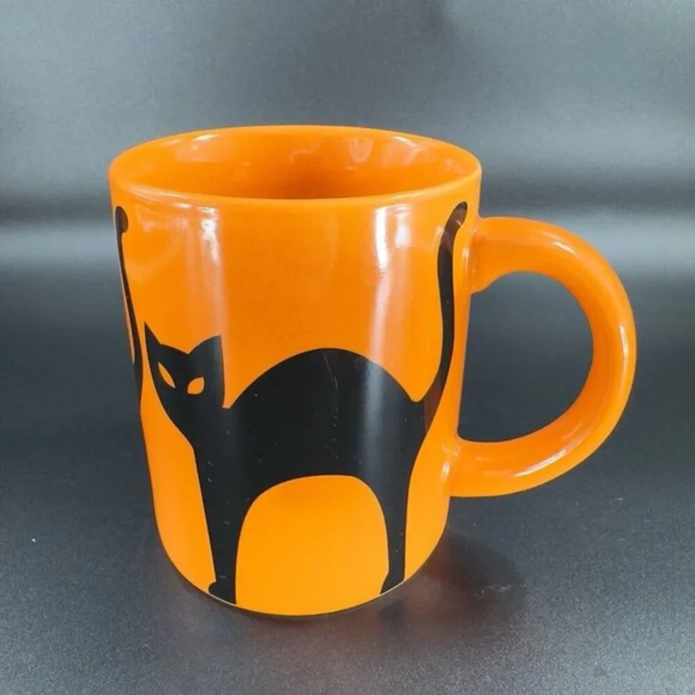 Crate & Barrel Orange Coffee Mug Cup Purple Black Halloween Cats Ceramic Set‎ 2